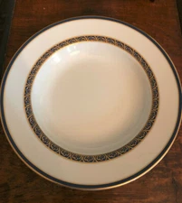S/2 Philippe Deshoulieres FRANCE Blue & Gold Scrolls 8 3/4" Rimmed Soup Plates