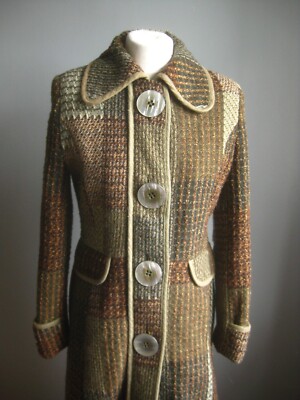 NEXT WOLL TWEED MANTEL 10 Trench lang kariert Boho Hippie große Knöpfe grün Unikat
