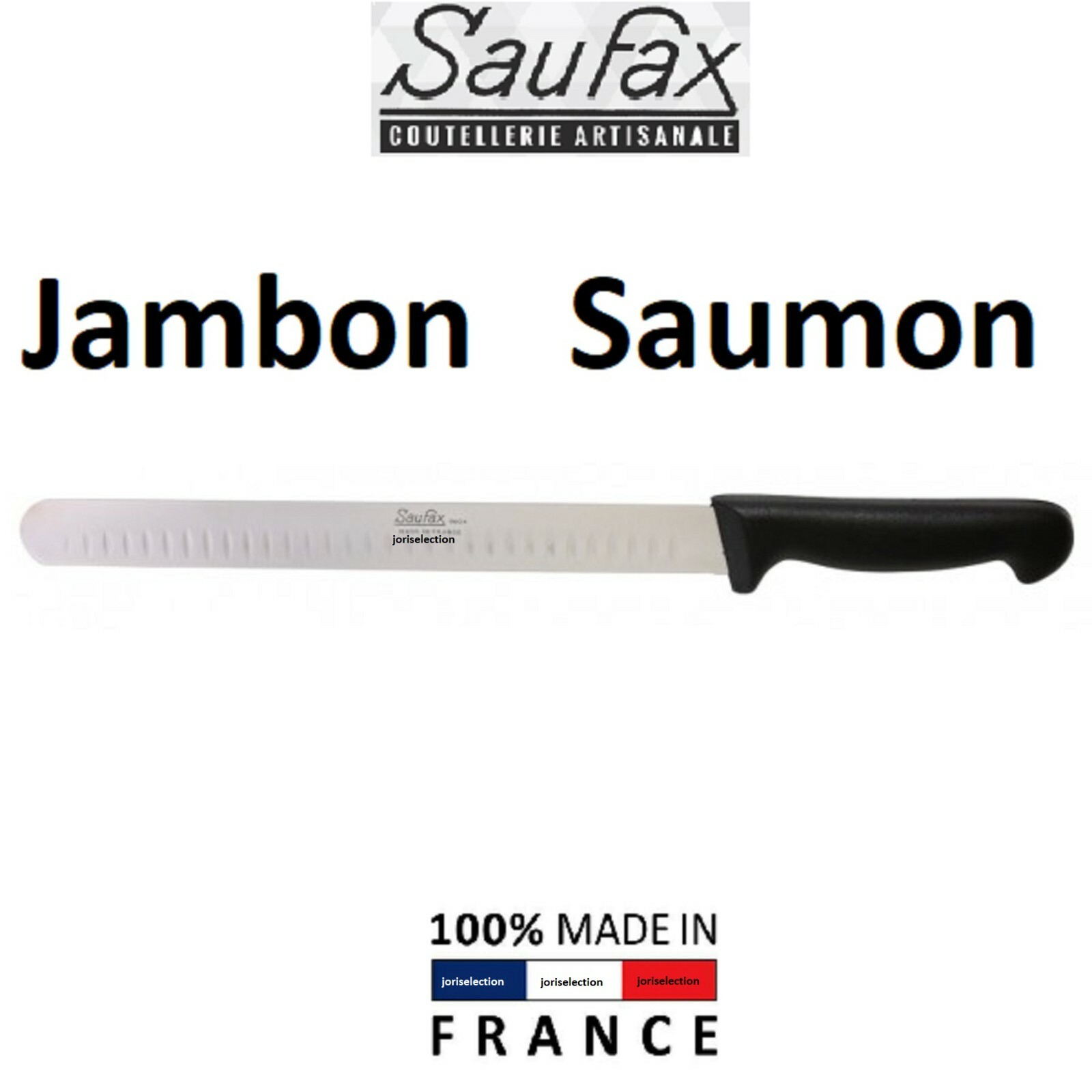 Couteau jambon saumon alvéolé SAUFAX fabrication française, couteau de découpe lame flexible 30cm