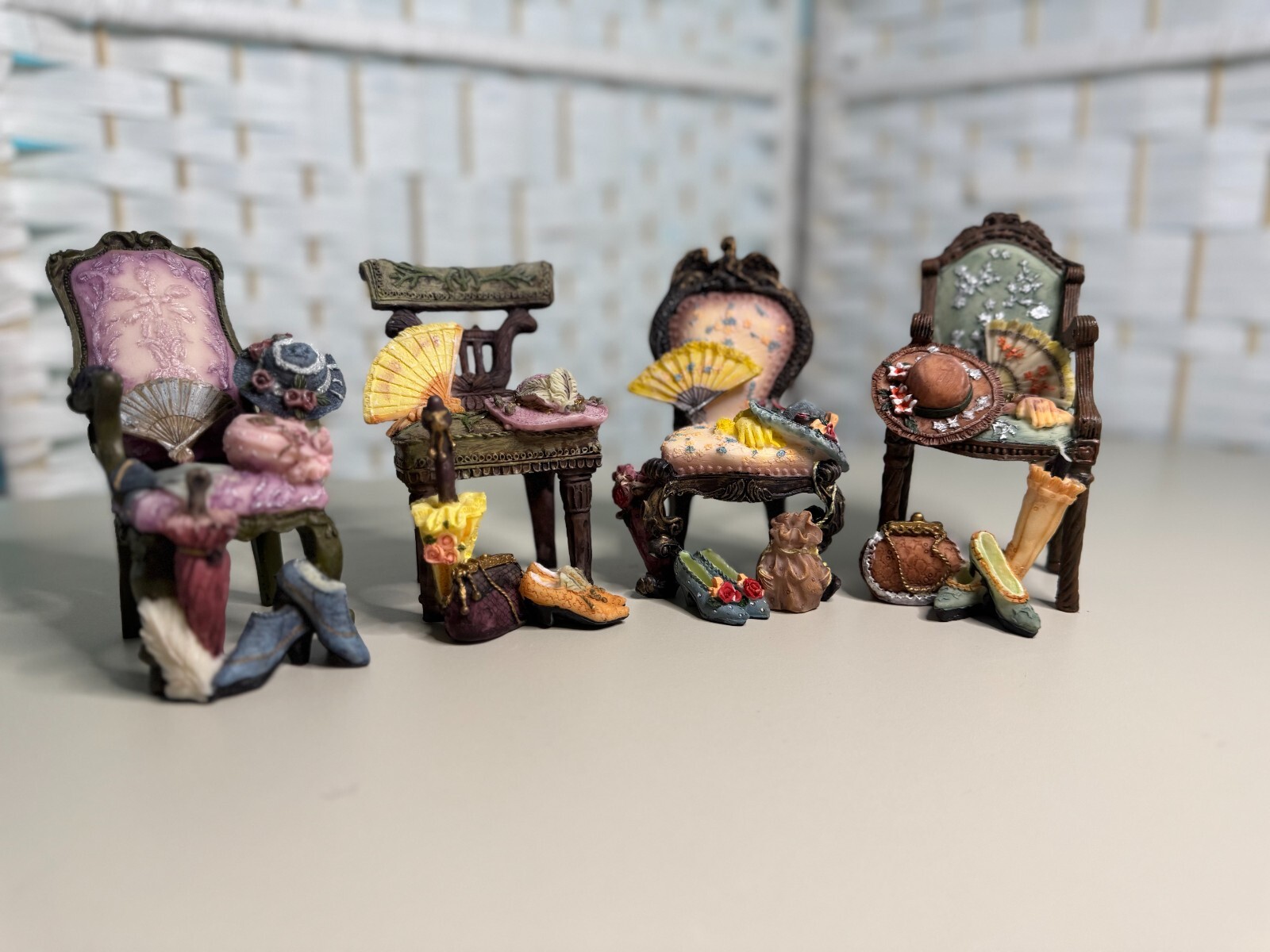 Mini Resin Chairs with Hats, Purses & Fans - Set of 4