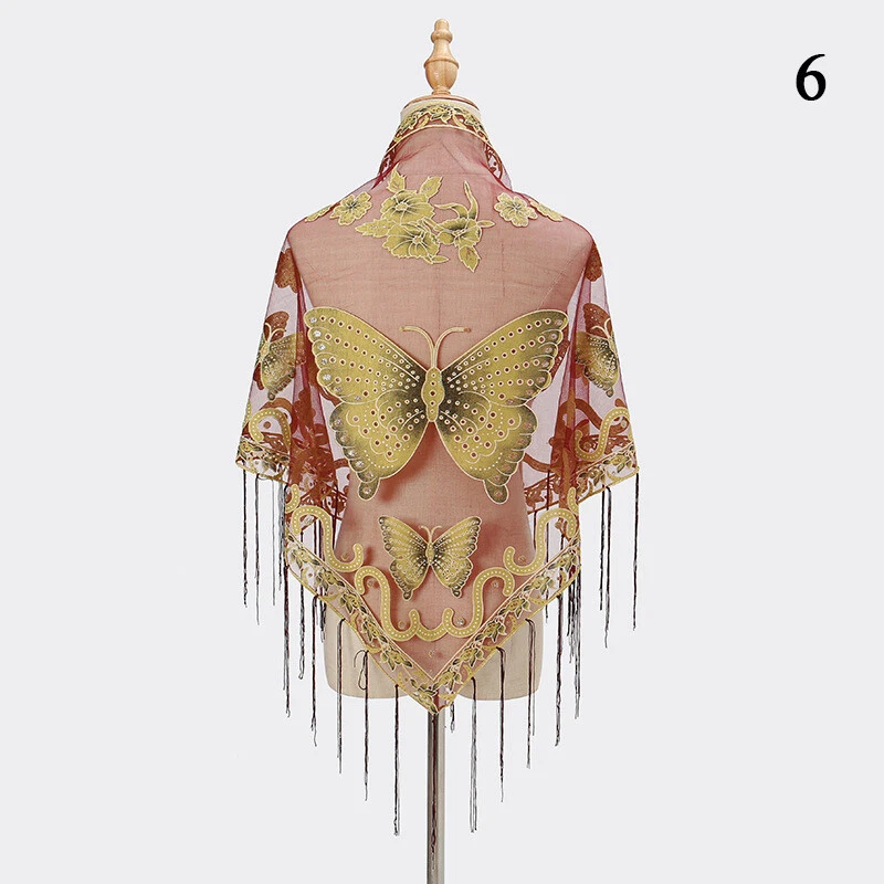 Nuevo Moda Mariposa Bordado Encaje Velo Mujeres Hiyab Bufanda Cabeza con Foto 4 de 4