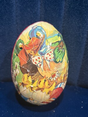 Antique Paper Mache Easter Egg 5  Candy Container Ducks Painting Korea