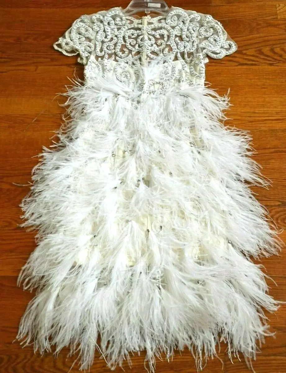 6950 MARCHESA Embroidered Feather Beaded White Bridal Wedding Cocktail Dress 2