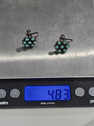 Vintage Zuni Sterling Snake Eyes Turquoise Flower Screw Back Earrings. 14.8mm - Picture 7 of 7