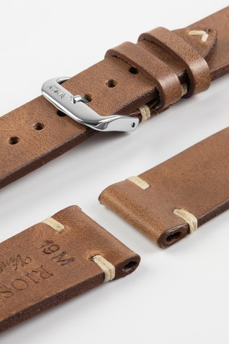 RIOS1931 Rallye Gold Vintage rundleer horlogeband handgemaakt in Duitsland Robuust 18mm geschrast roestbruin