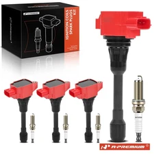 A-Premium 4x Red Ignition Coil & 4x DOUBLE IRIDIUM Spark Plug Kits for Nissan