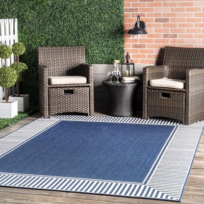 Area Rug 2 x 3 Navy Striped Border Stain Resistant Easy Clean Nuloom Asha Casual