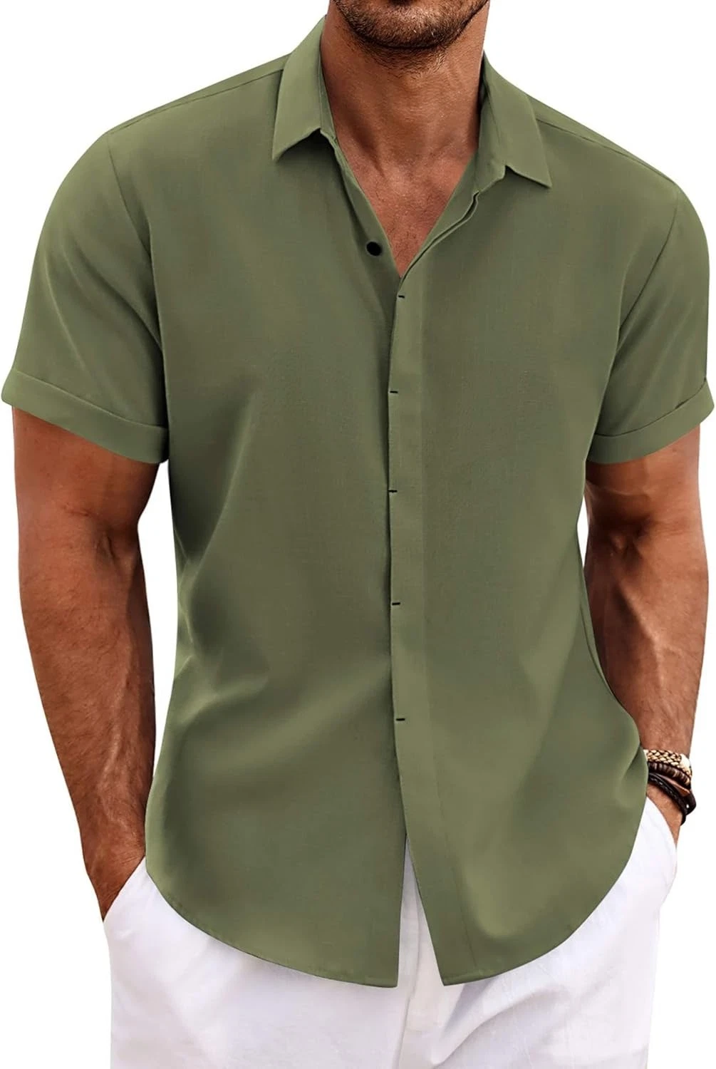 Coofandy Men's Linen Shirts Short Casual Solid Mens Sleeve Button Down Shirt for