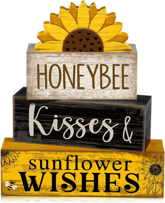 4 Pcs Summer Table Decor Wooden Sunflower Tiered Tray Decor Rustic Farmhouse Yel