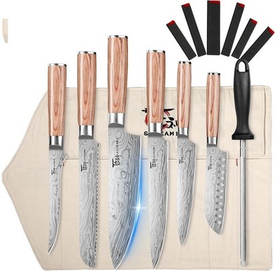 Syokami Kitchen Knife 14pcs Set with Roll Bag & Sharpening Rod. Damascus Pattern