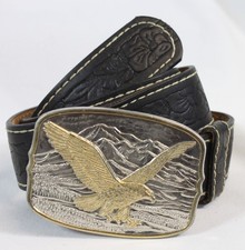 Vtg Leather Belt With Buckle Western Embossed Black S 30-32 Flowers Eagle Big