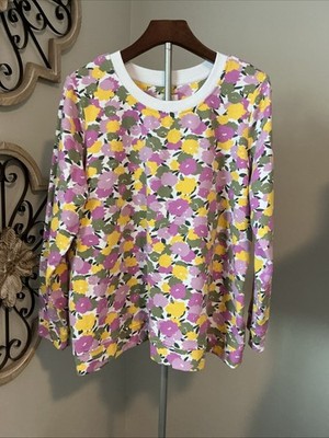 Denim & Co. Women's Top Plus Sz 1X Active French Terry Orchid Floral Watercolor
