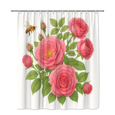 Pink Rose Shower Curtain with Floral Design and Green Leaves