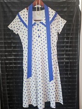 Vintage White Blue Polka Dot Shirt Dress w/ bow hand made. 38 inches at waist