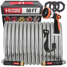 HYPER HOSE 50 ft Metal Garden Hose Set - No-Kink Durable 316 Stainless Steel