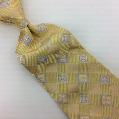 Tom James Tie Yellow Blue Plaid Medallion Geometric Checkered Silk Woven #I24/F