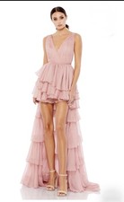 Ieena Mac Duggal Size 2 Plunge Neck Ruffled Hi-Low Chiffon Gown Rose Gold 55320