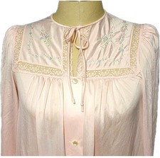 Vintage Shadowline Long Robe Housecoat Size Petite Pink Lace Button Up L/S 70's