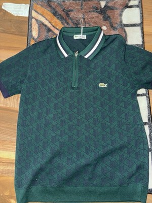 Lacoste Herren Polo M grün/blau geometrisch Reißverschluss Kurzarm Piqué