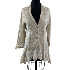 Blu Betty Beige Linen Shirt Dress Button Front Stand-Up Collar Ruffle Hem M?