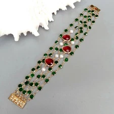 4 Strands Cultured White Pearl Green Crystal Rosary Chain Bracelet Beaded