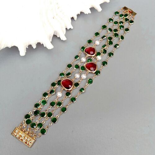 4 brins bracelet chaîne chapelet blanc perle vert cristal de culture perles - Photo 1 sur 6