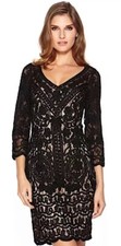 SUE WONG 0 Black Nude Sequin lace Beaded Embroidered Dress