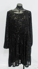 Crown & Ivy Women's Sequin Long Blouson Sleeve Tiered Dress EJ3 Black Size 2XL