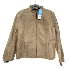 Relativity Leather Jacket Collared Full Zip Lined Beige Ruff Safari Women Sz Xl