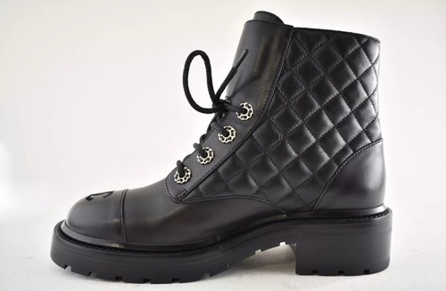 Chanel 21A Black Quilted Gold CC Chain Combat Lace Up Tie Ankle Short Boots 37 - Picture 7 of 9