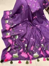 New Linen Cotton Sari With Unstitched Blouse Piece Party Wedding Wear For Women