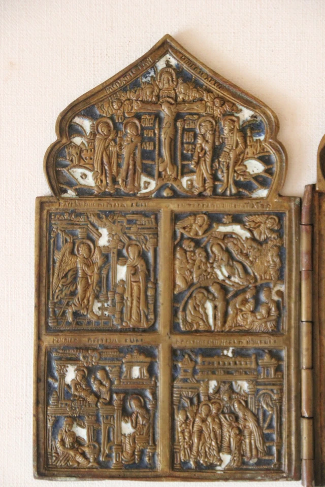 Ancienne icône en bronze et émail polyptyque - Photo 2/4