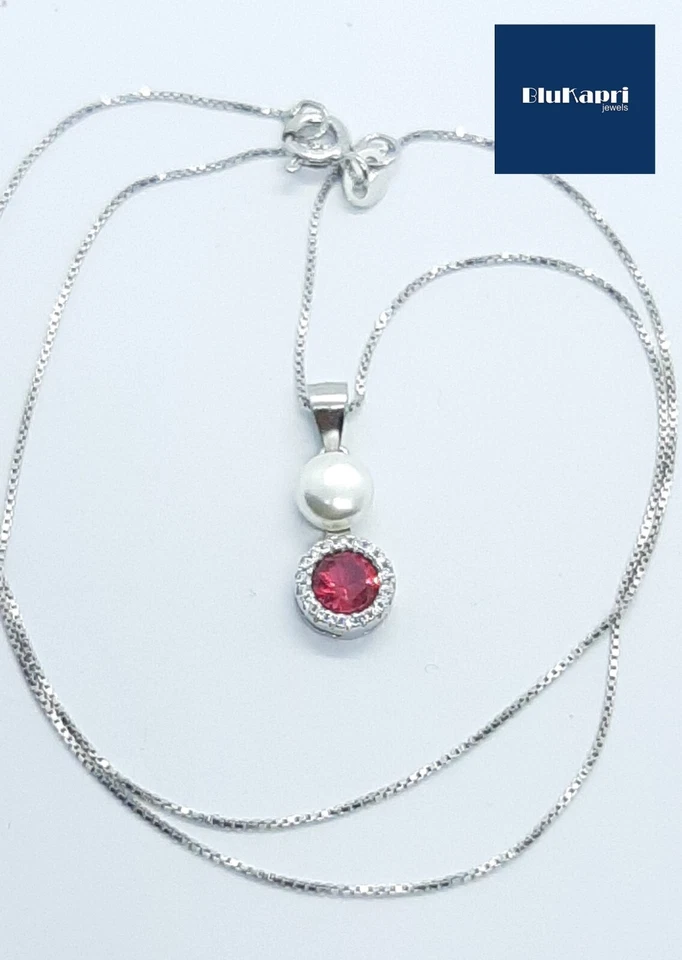 Collana donna in Argento 925 con ciondolo pietra rossa e zirconi bianchi collier - Immagine 4 di 4