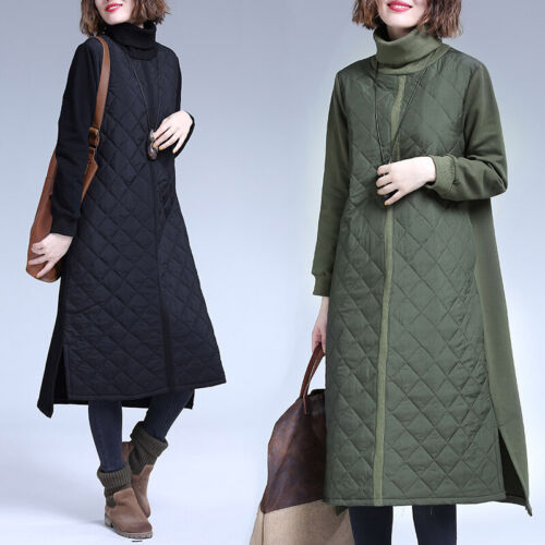 Women Dress Padded Quilted Patchwork Mid-length Long Sleeve High Neck Loose - Picture 1 of 14