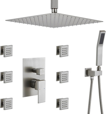 Modern Rain Shower System with 12'' Head, 6 Body Jets, and Handheld Sprayer