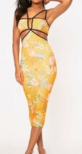Midi Dress Yellow Floral Cut Out Prettylittlething Size 8