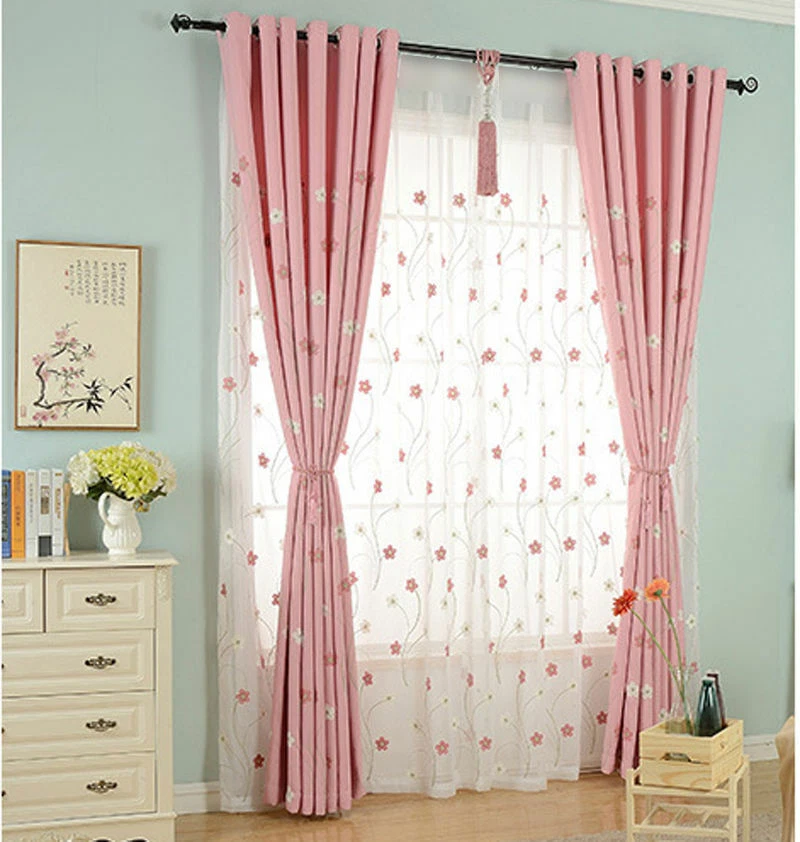Cortinas transparentes bordadas con flores de tul tela apagón sombra cortinas rosa 1 pieza Foto 4 de 4