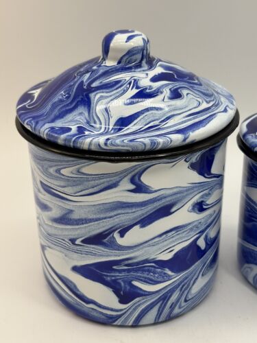 Enamelware Blue & White Splatter Swirl Set Of 2 Nesting Canisters 5.25” & 4.5” - Picture 2 of 19