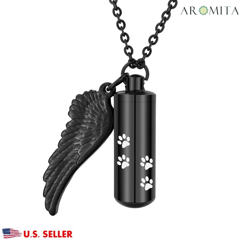 Black Angel Wing Dog Paws Cylinder Memorial Cremation for Pet Urn Necklace