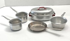 Vintage Metal Aluminum  Red Childs Toy Roaster  Lid Skillets  Pans 6-Pieces