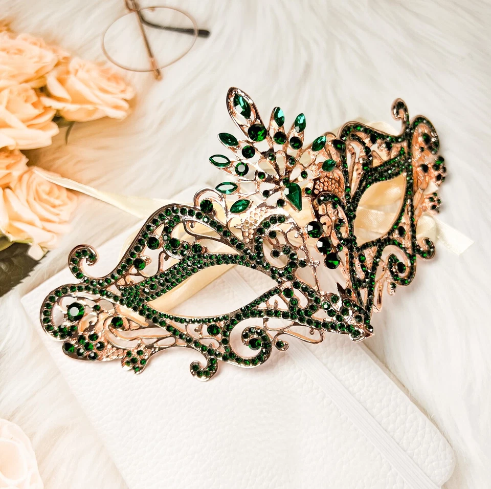 Masquerade Mask Luxury Emerald Crystal, Rhinestone Eye Mask, Elegant Party Mask - Image 3 of 4