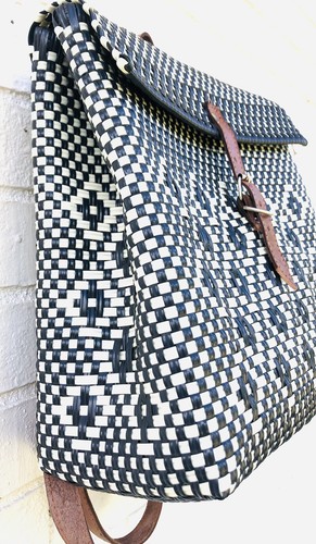 New Hand Crafted Recycled Plastic Braided Black White Backpack Bag Leather Trim - Picture 4 of 6