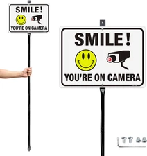Large Smile You'Re on Camera Signs Video Surveillance Sign with 54" Stake - 14"X