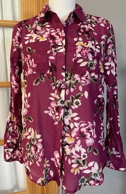 WHBM Silk Blend Floral Blouse Womens Sz 4 Pink Purple Button Up Cottagecore Boho
