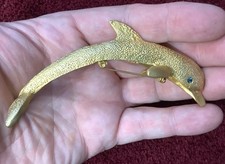 "Broche prendedor de hombro LRG 4"" tono dorado con ojos de joya saltando delfín bisutería"