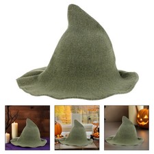 Halloween Witch Hat:Wool Knitted Hat - Green Wide Brim Pointed Cap -