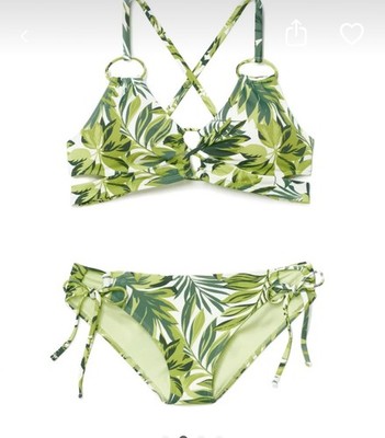 Women's Green Leafy 2-Piece Bikini Set Top Cup Size C Tie Sided Bottoms Large