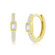 Yellow Gold Plated Sterling 11MM Center Baguette Cubic Zirconia Huggie Hoop Earr