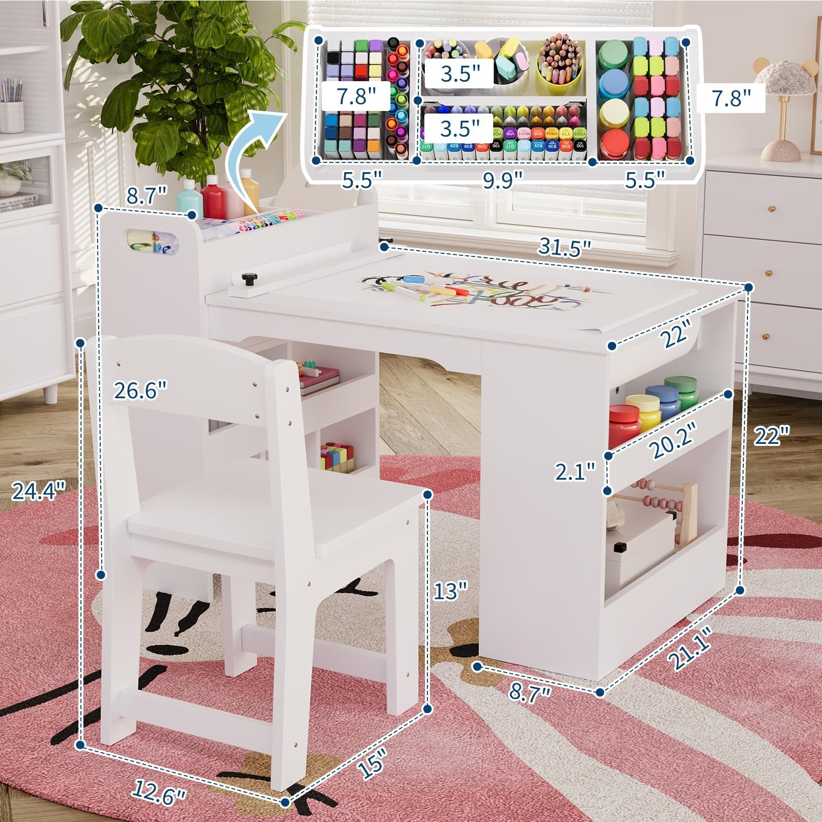 Kids Art Table+2Chairs Craft Table w/ Storage Shelves Toddler Drawing Desk White