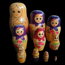 Russian Nesting Dolls Set of TEN Matryoshka Hand Painted Vintage Wood Carved
